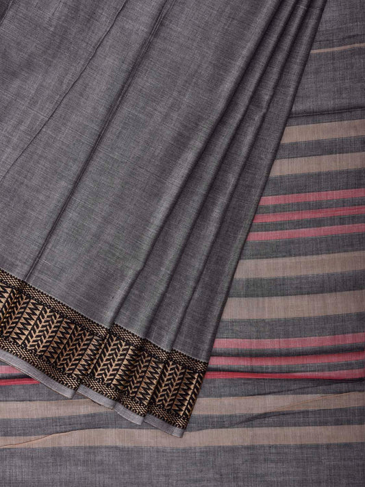 Grey Narayanpet Cotton Plain Saree with Strips Pallu and Border Design No Blouse np1517
