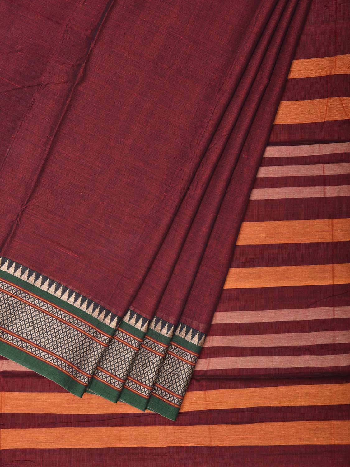 Dark Red Narayanpet Cotton Plain Saree with Strips Pallu and Border Design No Blouse np1518