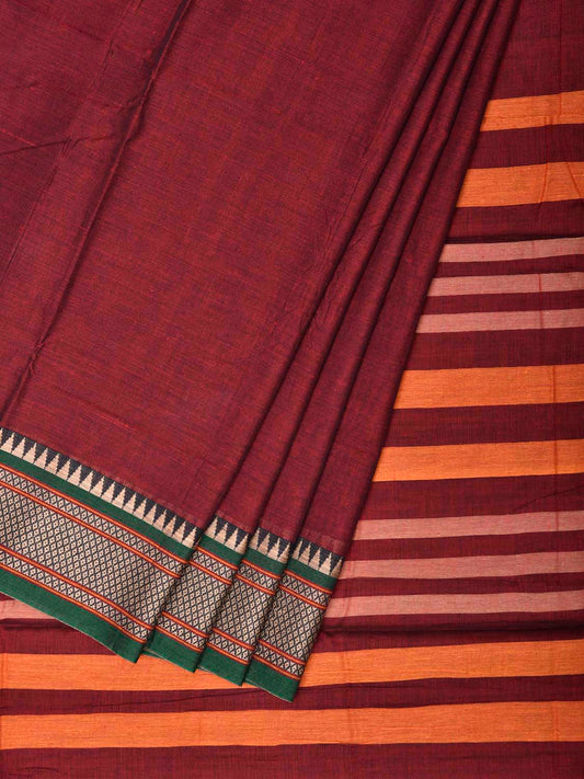 Dark Red Narayanpet Cotton Plain Saree with Strips Pallu and Border Design No Blouse np1518