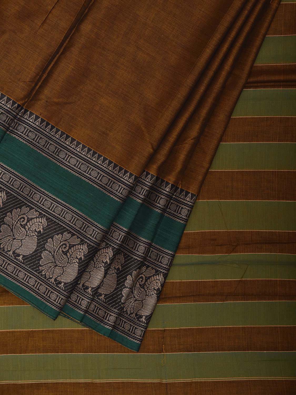 Olive and Green Narayanpet Cotton Plain Saree with Strips Pallu and Border Design No Blouse np1519