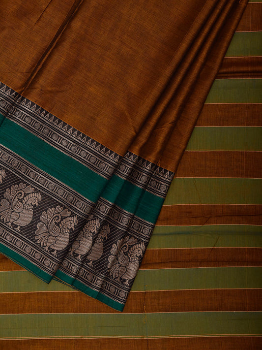 Olive and Green Narayanpet Cotton Plain Saree with Strips Pallu and Border Design No Blouse np1519