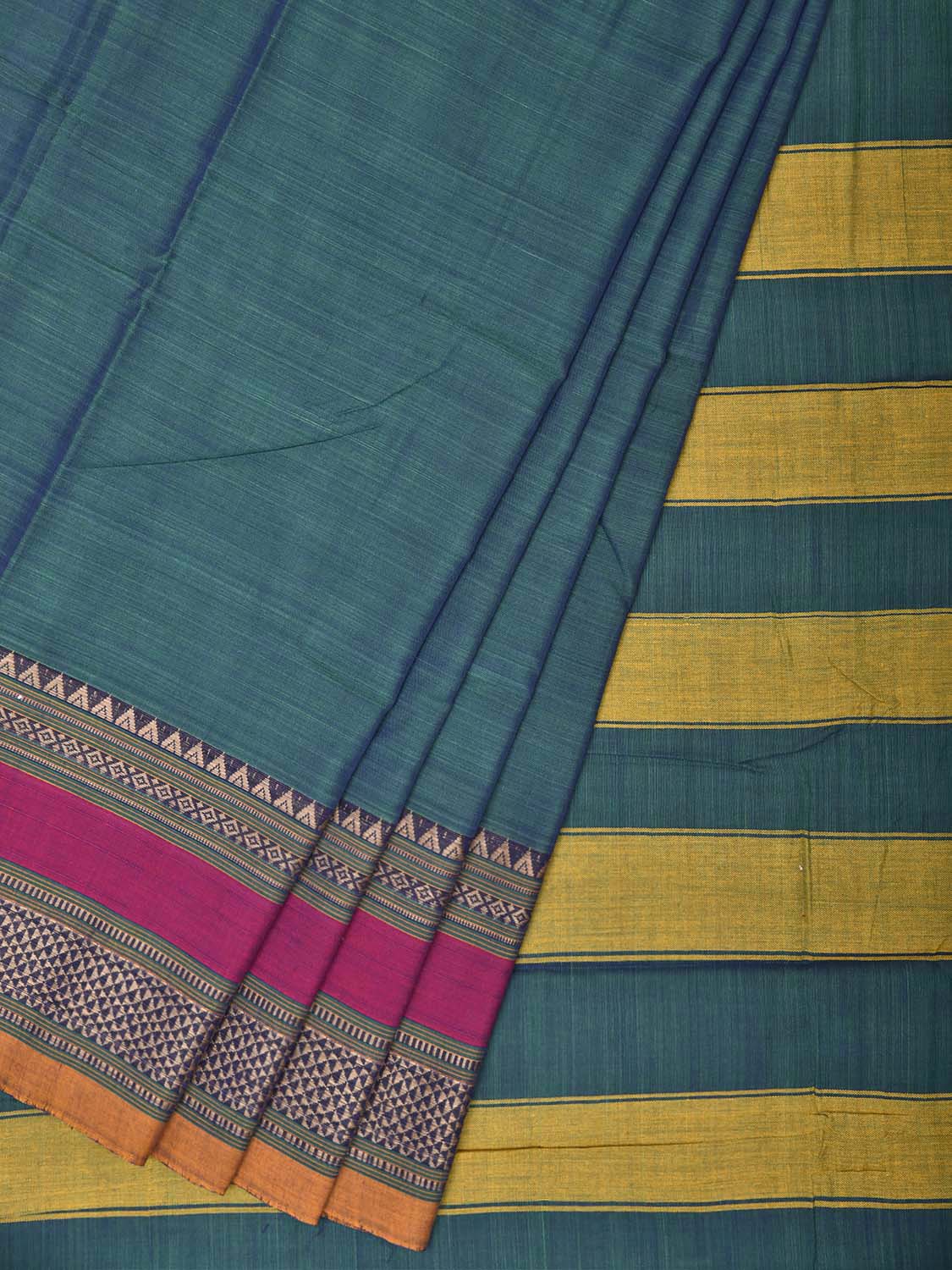 Teal and Yellow Narayanpet Cotton Plain Saree with Strips Pallu and Border Design No Blouse np1520