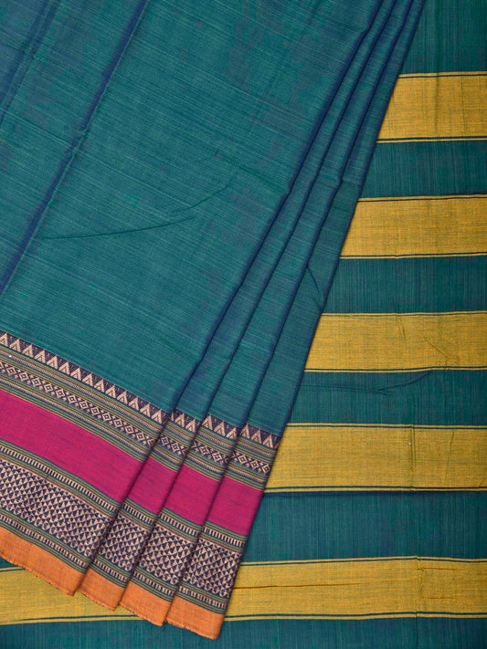 Teal and Yellow Narayanpet Cotton Plain Saree with Strips Pallu and Border Design No Blouse np1520