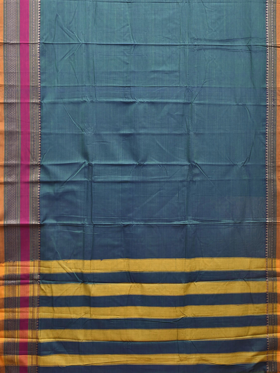 Teal and Yellow Narayanpet Cotton Plain Saree with Strips Pallu and Border Design No Blouse np1520