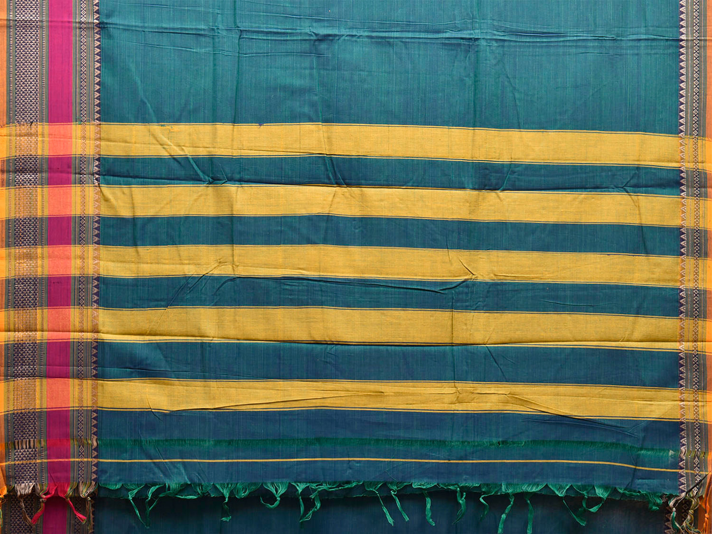 Teal and Yellow Narayanpet Cotton Plain Saree with Strips Pallu and Border Design No Blouse np1520