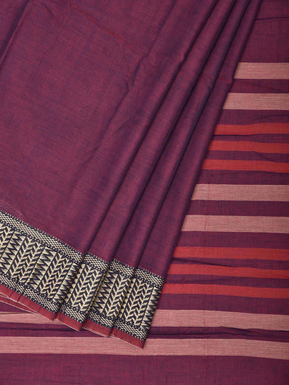 Dark Magenta Narayanpet Cotton Plain Saree with Strips Pallu and Border Design No Blouse np1521