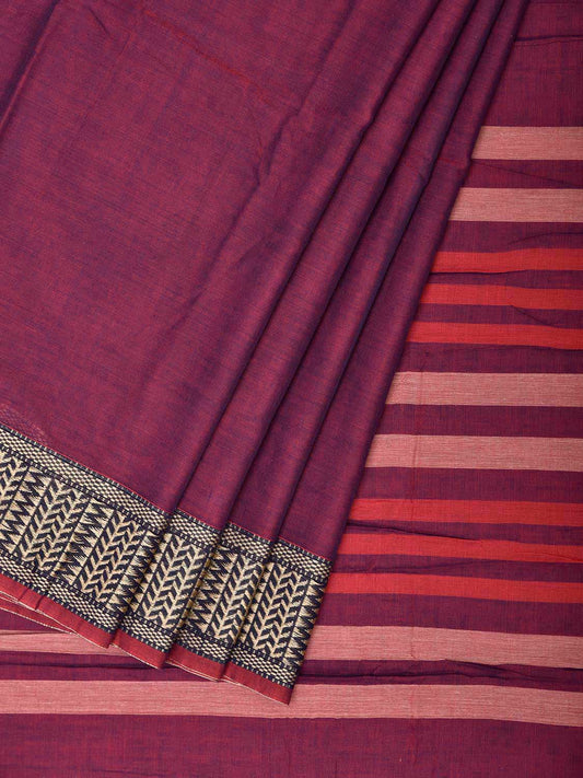 Dark Magenta Narayanpet Cotton Plain Saree with Strips Pallu and Border Design No Blouse np1521