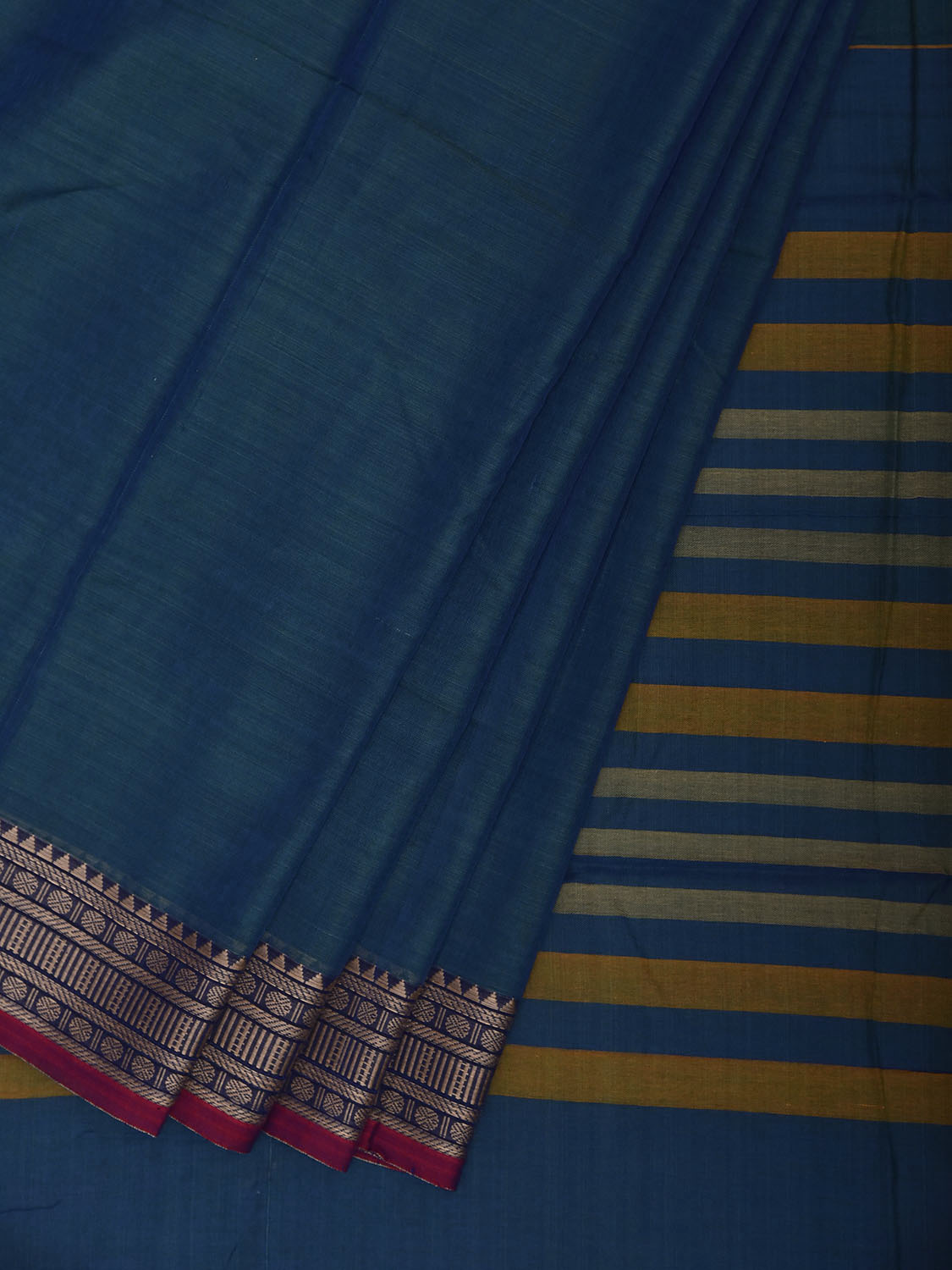 Teal Narayanpet Cotton Plain Saree with Strips Pallu and Border Design No Blouse np1522