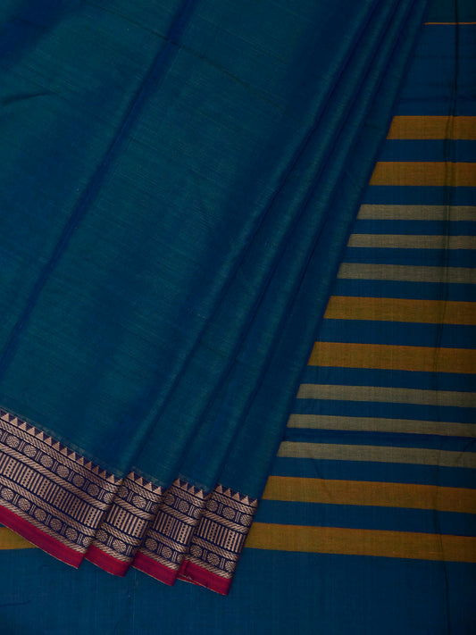 Teal Narayanpet Cotton Plain Saree with Strips Pallu and Border Design No Blouse np1522