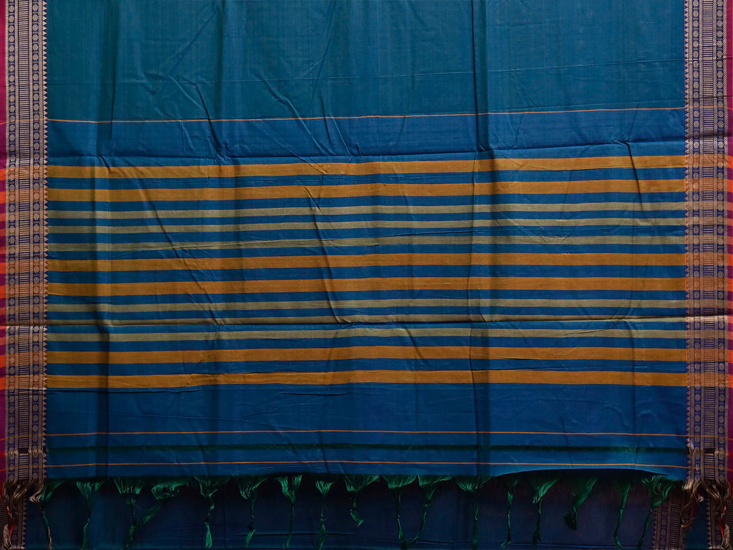 Teal Narayanpet Cotton Plain Saree with Strips Pallu and Border Design No Blouse np1522