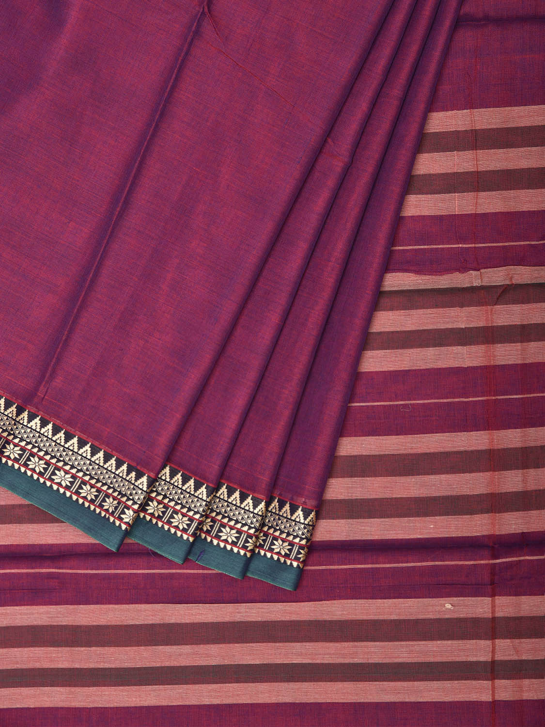 Dark Magenta Narayanpet Cotton Plain Saree with Strips Pallu and Border Design No Blouse np1523