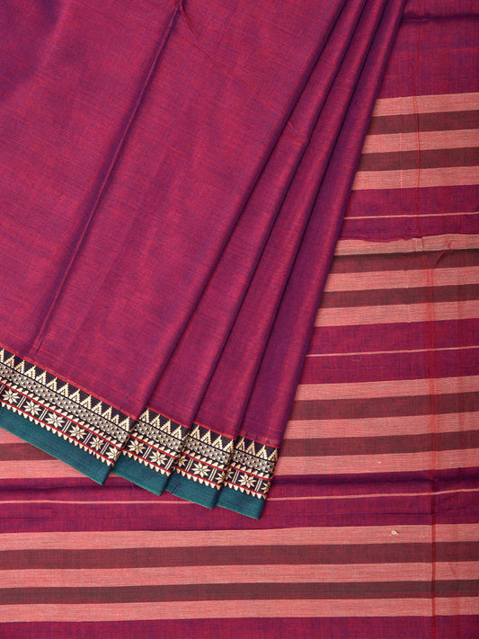 Dark Magenta Narayanpet Cotton Plain Saree with Strips Pallu and Border Design No Blouse np1523