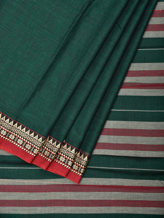 Green Narayanpet Cotton Plain Saree with Strips Pallu and Border Design No Blouse np1524