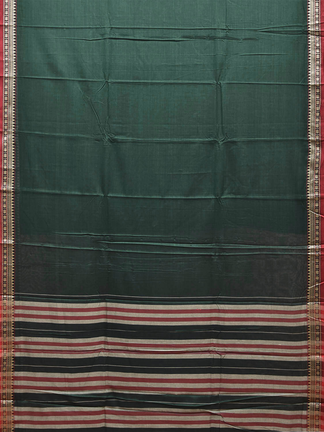 Green Narayanpet Cotton Plain Saree with Strips Pallu and Border Design No Blouse np1524