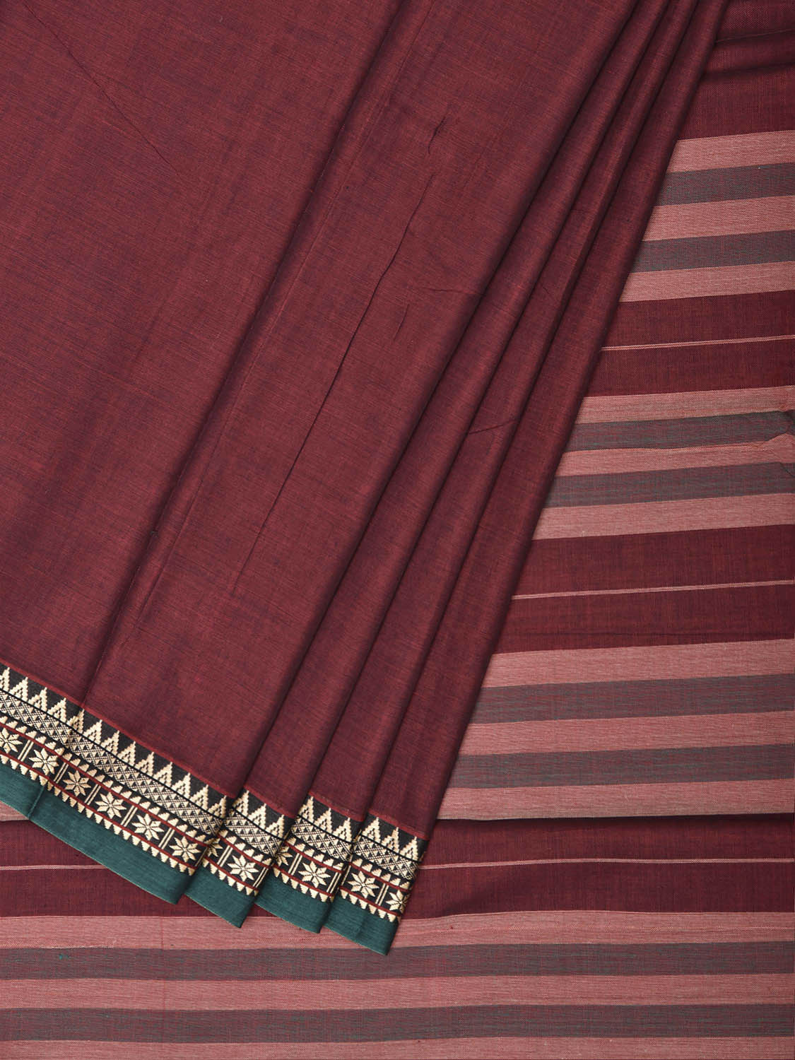 Maroon Narayanpet Cotton Plain Saree with Strips Pallu and Border Design No Blouse np1525