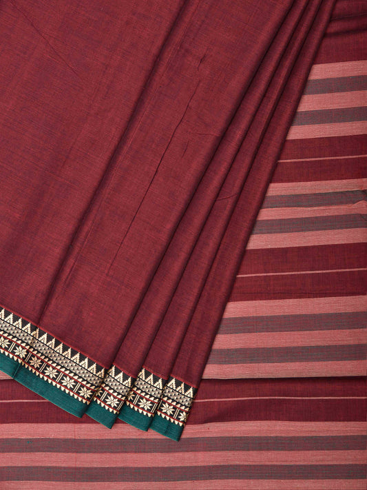 Maroon Narayanpet Cotton Plain Saree with Strips Pallu and Border Design No Blouse np1525