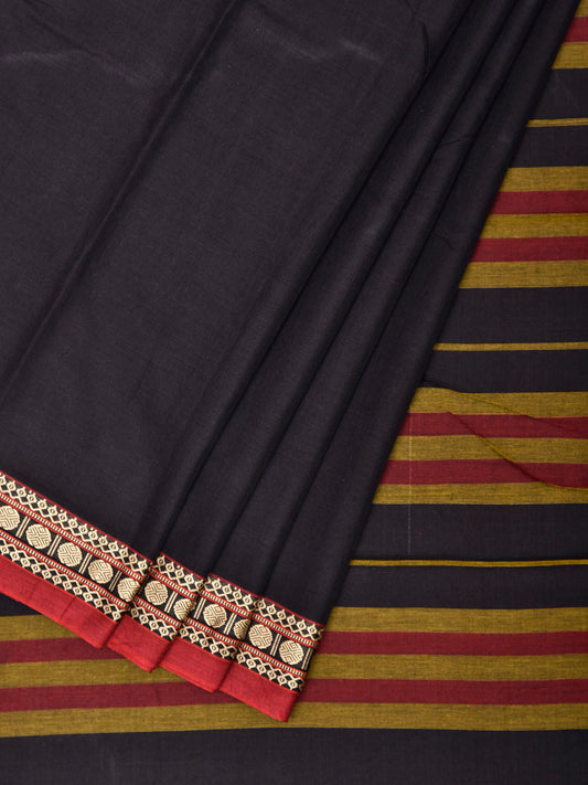 Black Narayanpet Cotton Plain Saree with Strips Pallu and Border Design No Blouse np1526