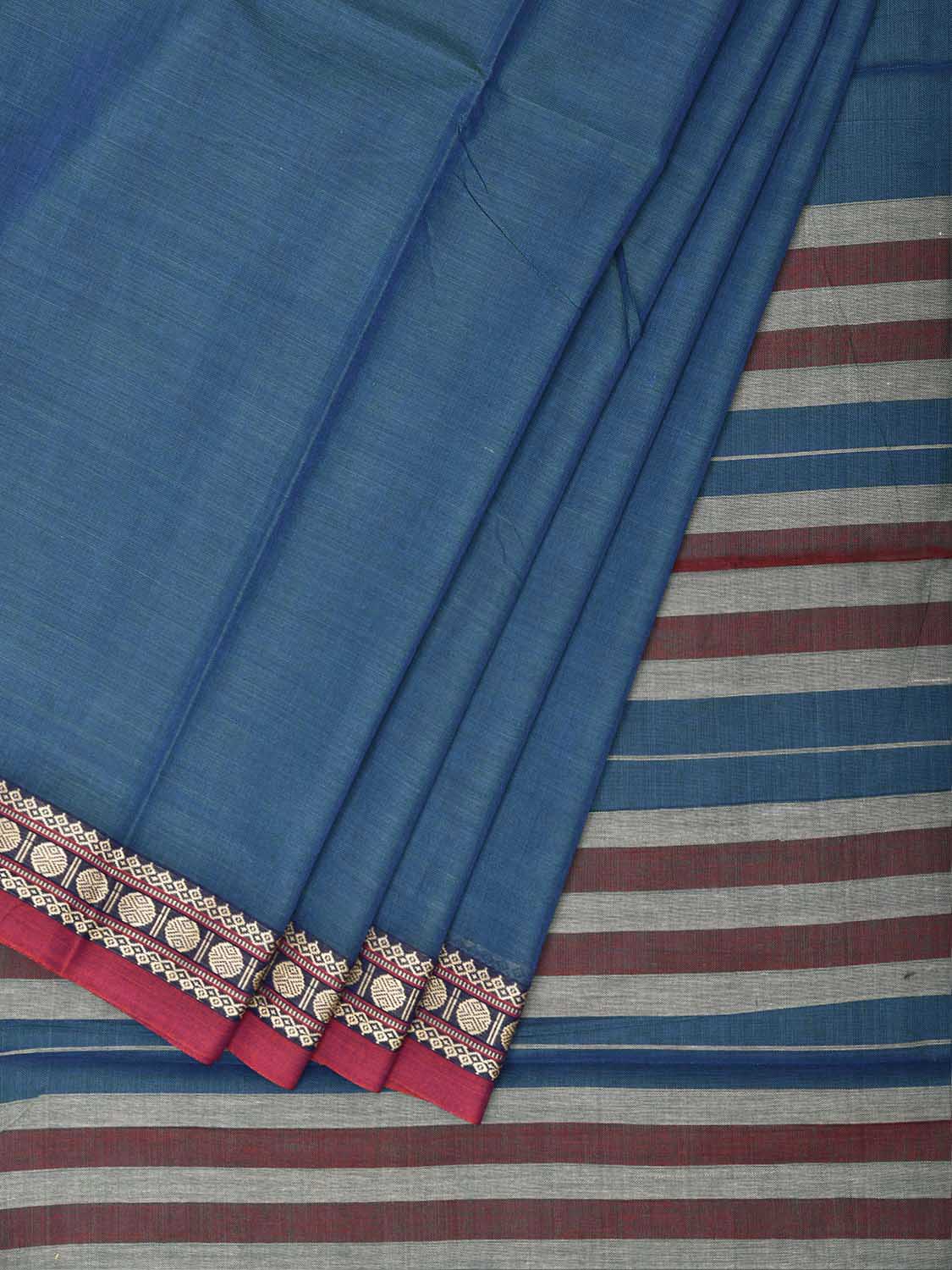 Blue Narayanpet Cotton Plain Saree with Strips Pallu and Border Design No Blouse np1527