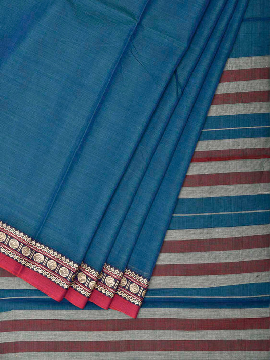 Blue Narayanpet Cotton Plain Saree with Strips Pallu and Border Design No Blouse np1527