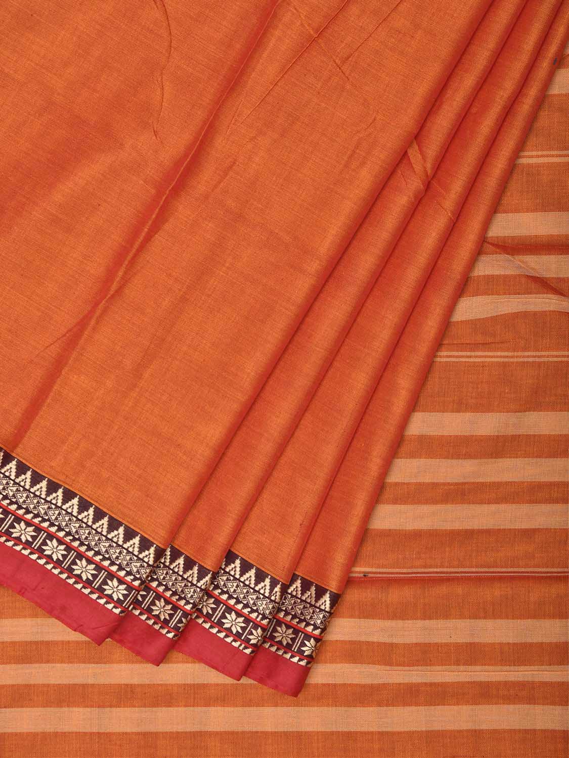 Orange Narayanpet Cotton Plain Saree with Strips Pallu and Border Design No Blouse np1528