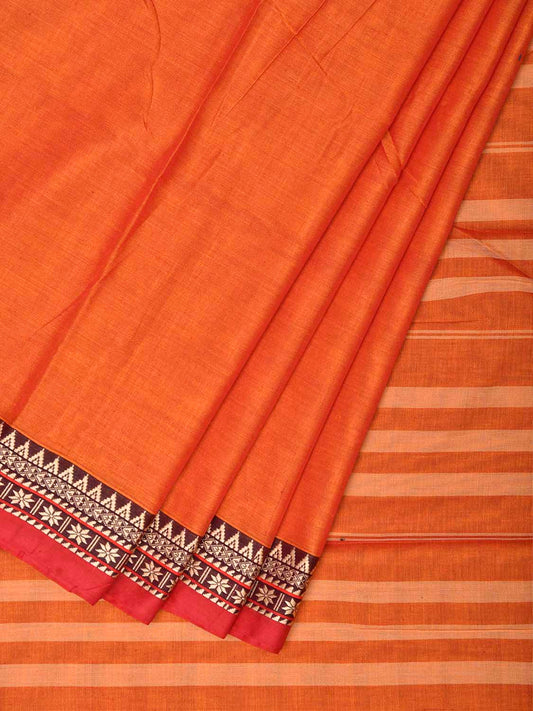 Orange Narayanpet Cotton Plain Saree with Strips Pallu and Border Design No Blouse np1528
