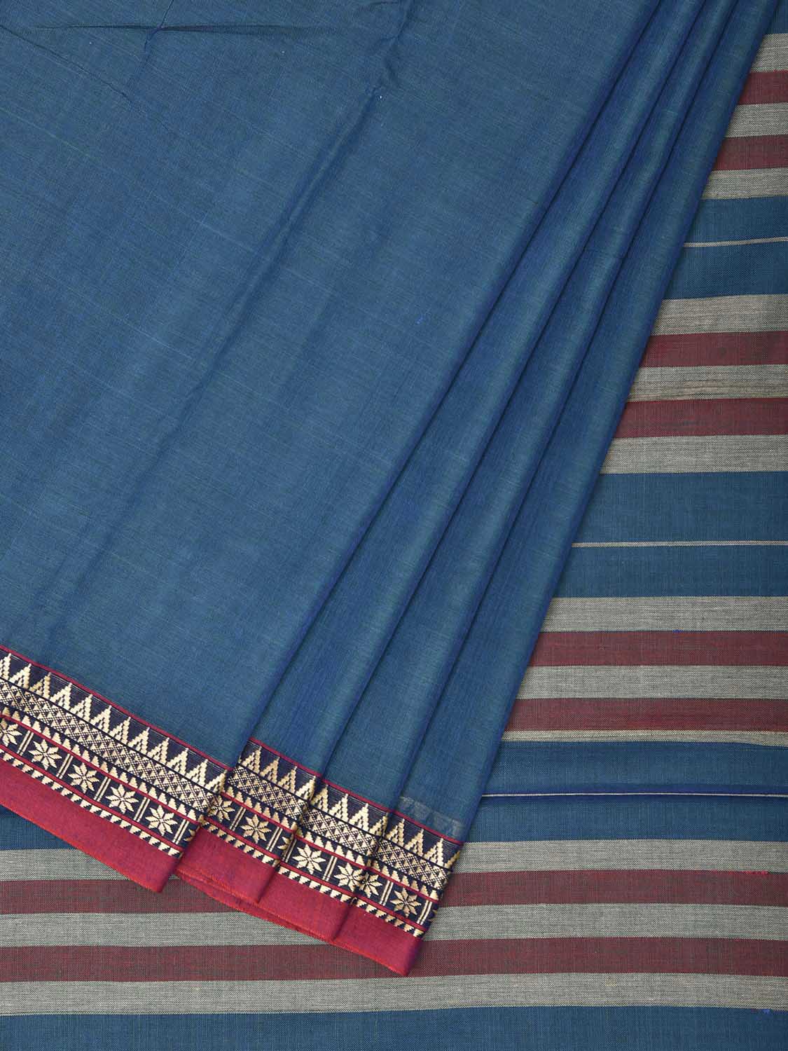 Blue Narayanpet Cotton Plain Saree with Strips Pallu and Border Design No Blouse np1529