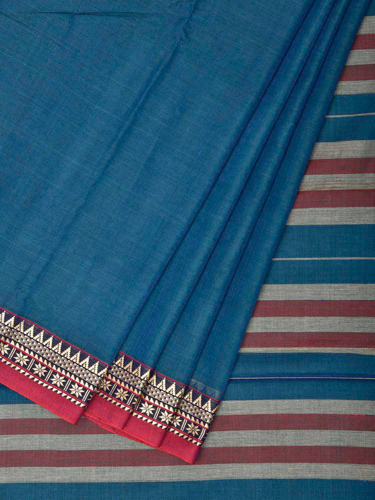 Blue Narayanpet Cotton Plain Saree with Strips Pallu and Border Design No Blouse np1529