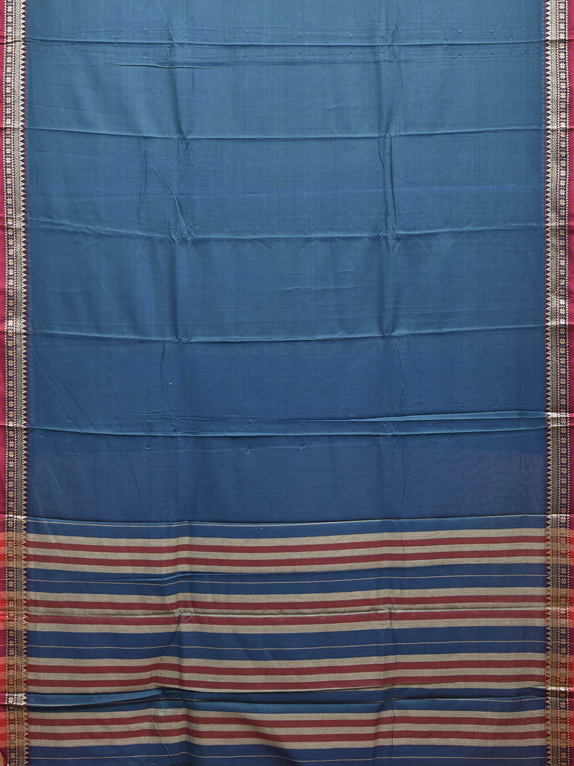 Blue Narayanpet Cotton Plain Saree with Strips Pallu and Border Design No Blouse np1529