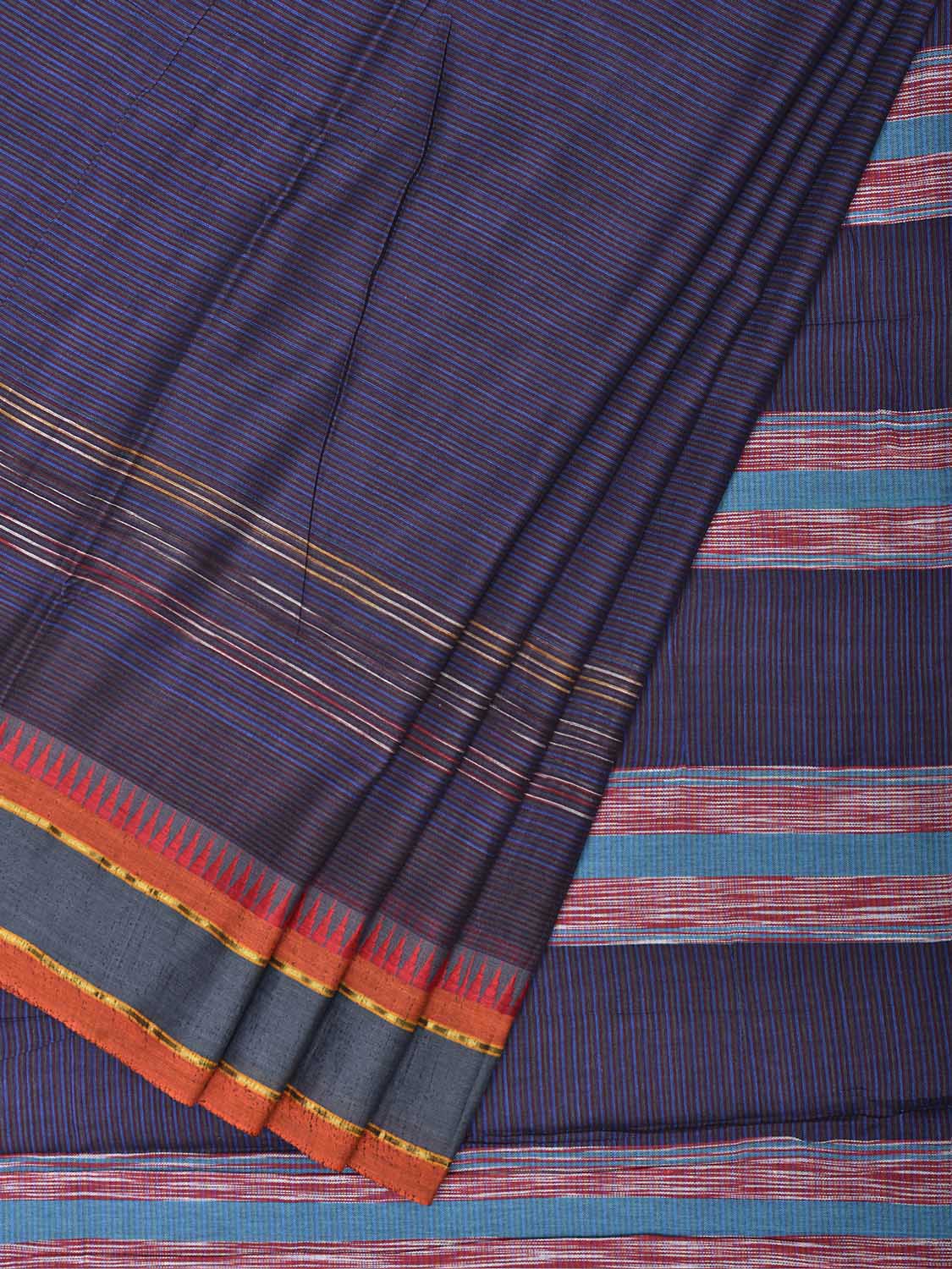 Blue and Black Narayanpet Cotton Plain Saree with Strips Body and Pallu Design No Blouse np1530