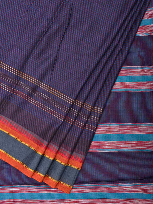 Blue and Black Narayanpet Cotton Plain Saree with Strips Body and Pallu Design No Blouse np1530