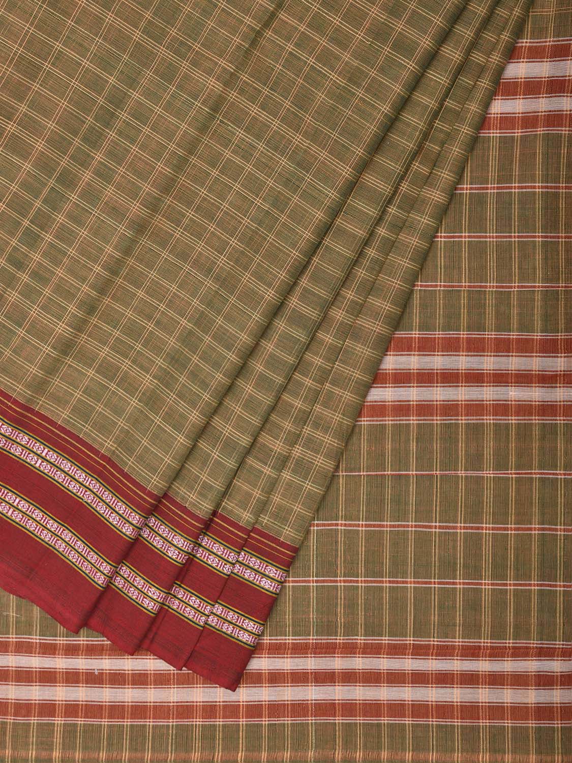 Light Olive and Red Narayanpet Cotton Saree with Big Checks Design No Blouse np1531
