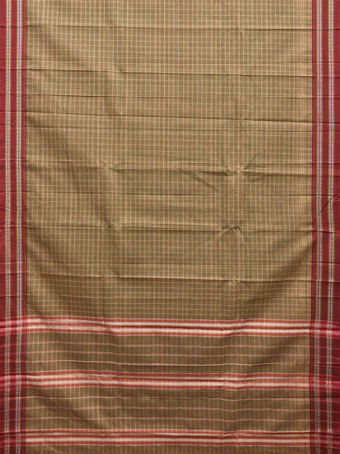 Light Olive and Red Narayanpet Cotton Saree with Big Checks Design No Blouse np1531