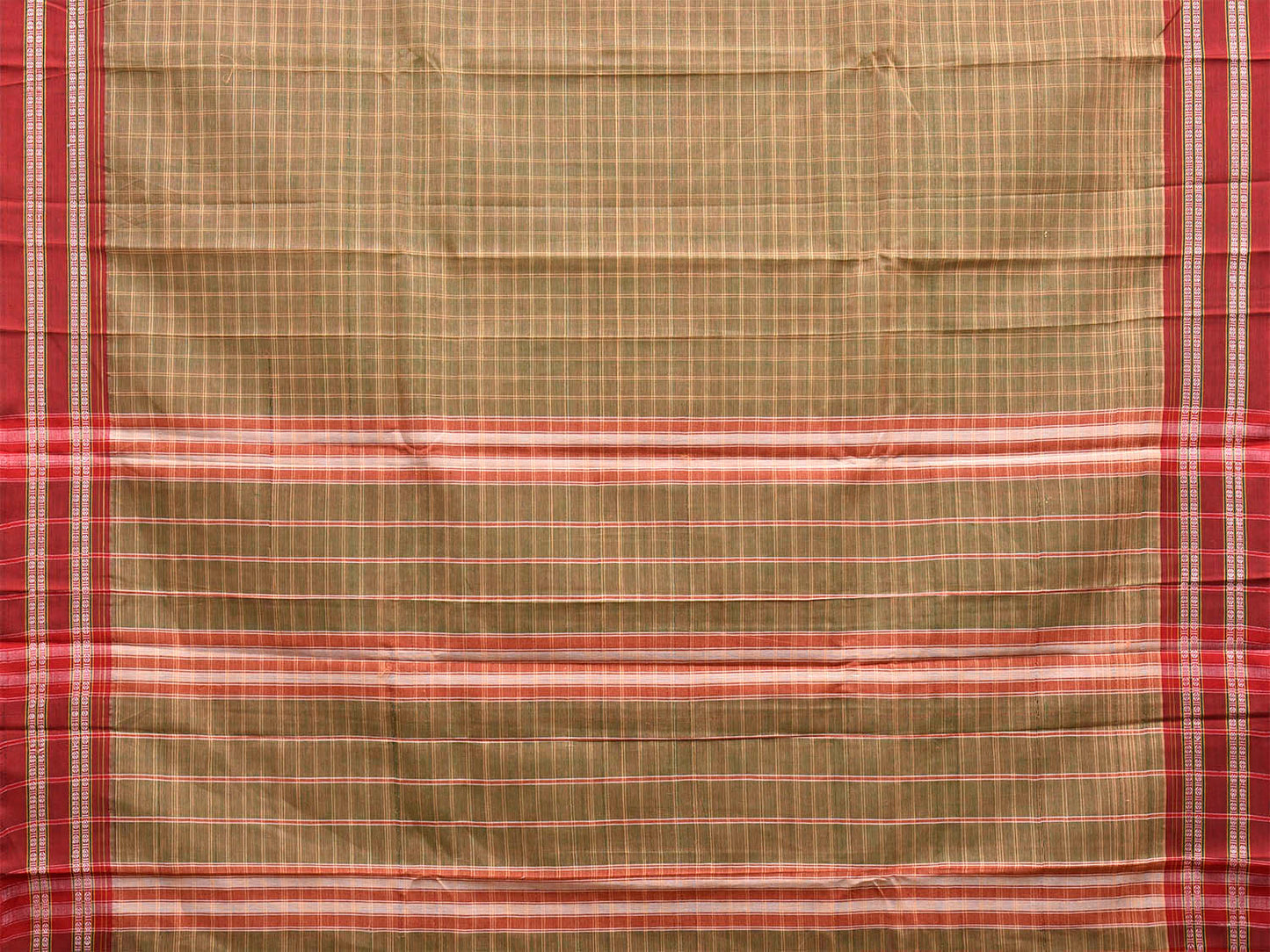 Light Olive and Red Narayanpet Cotton Saree with Big Checks Design No Blouse np1531