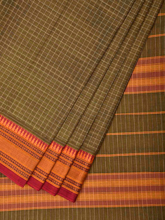 Green and Red Narayanpet Cotton Saree with Checks Design No Blouse np1533