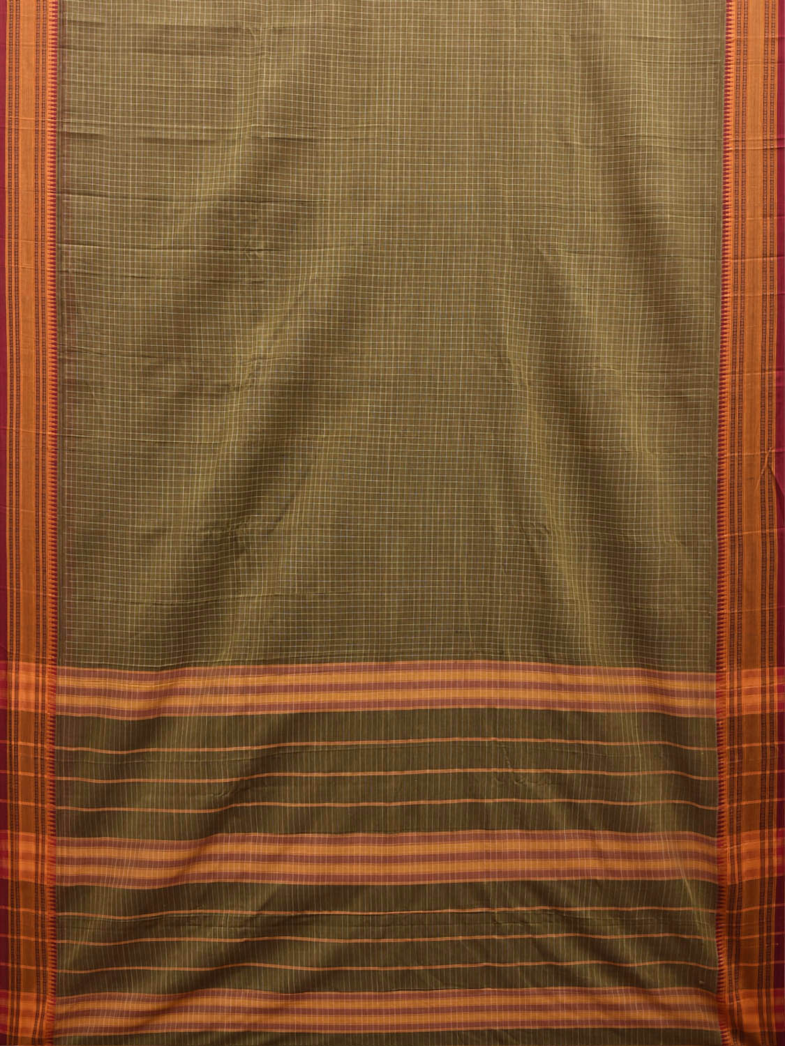 Green and Red Narayanpet Cotton Saree with Checks Design No Blouse np1533
