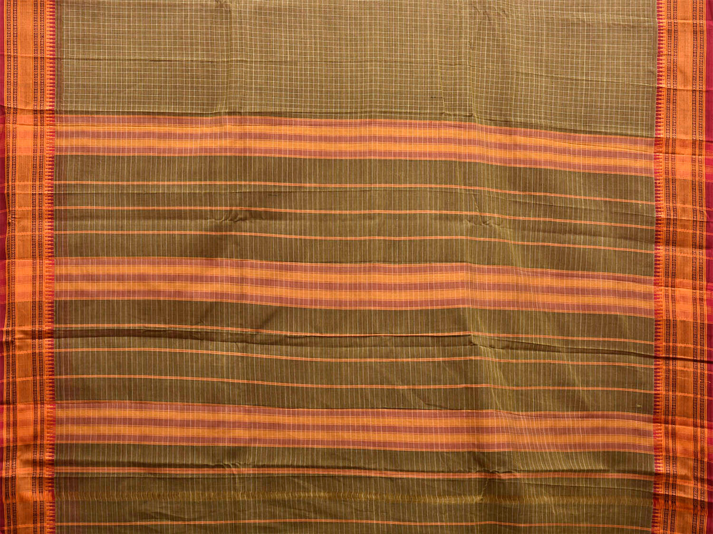 Green and Red Narayanpet Cotton Saree with Checks Design No Blouse np1533