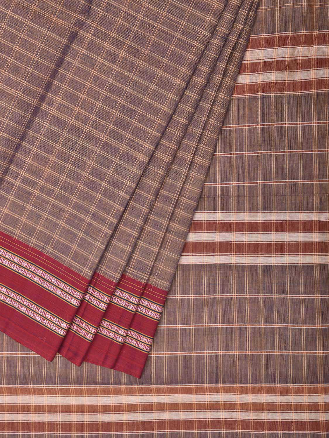 Light Fawn and Red Narayanpet Cotton Saree with Big Checks Design No Blouse np1534
