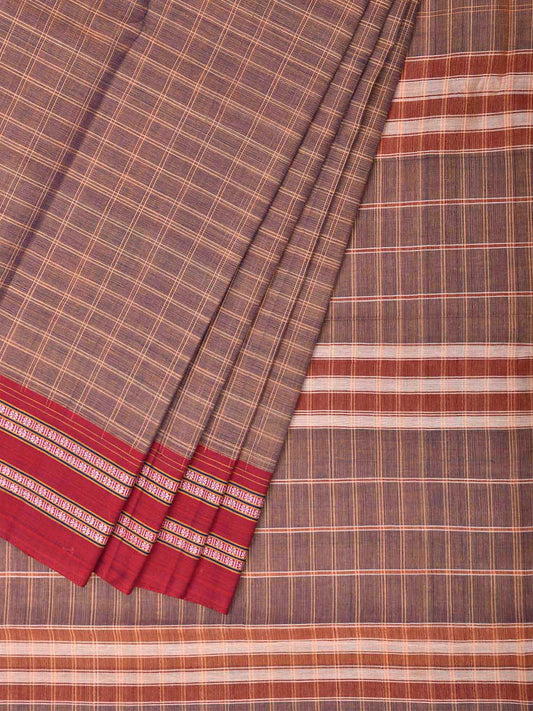 Light Fawn and Red Narayanpet Cotton Saree with Big Checks Design No Blouse np1534