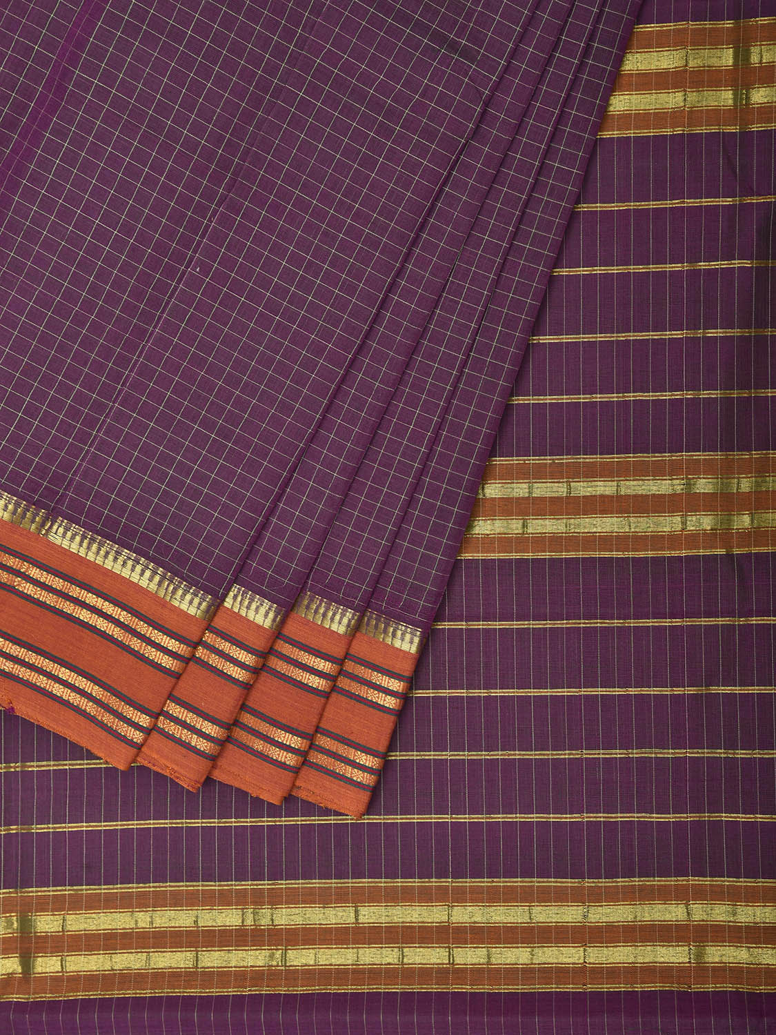 Purple and Orange Narayanpet Cotton Saree with Checks Design No Blouse np1535