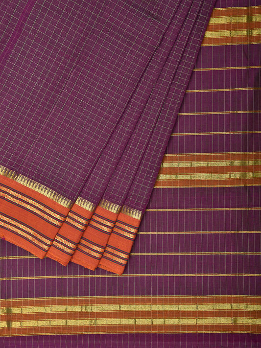 Purple and Orange Narayanpet Cotton Saree with Checks Design No Blouse np1535
