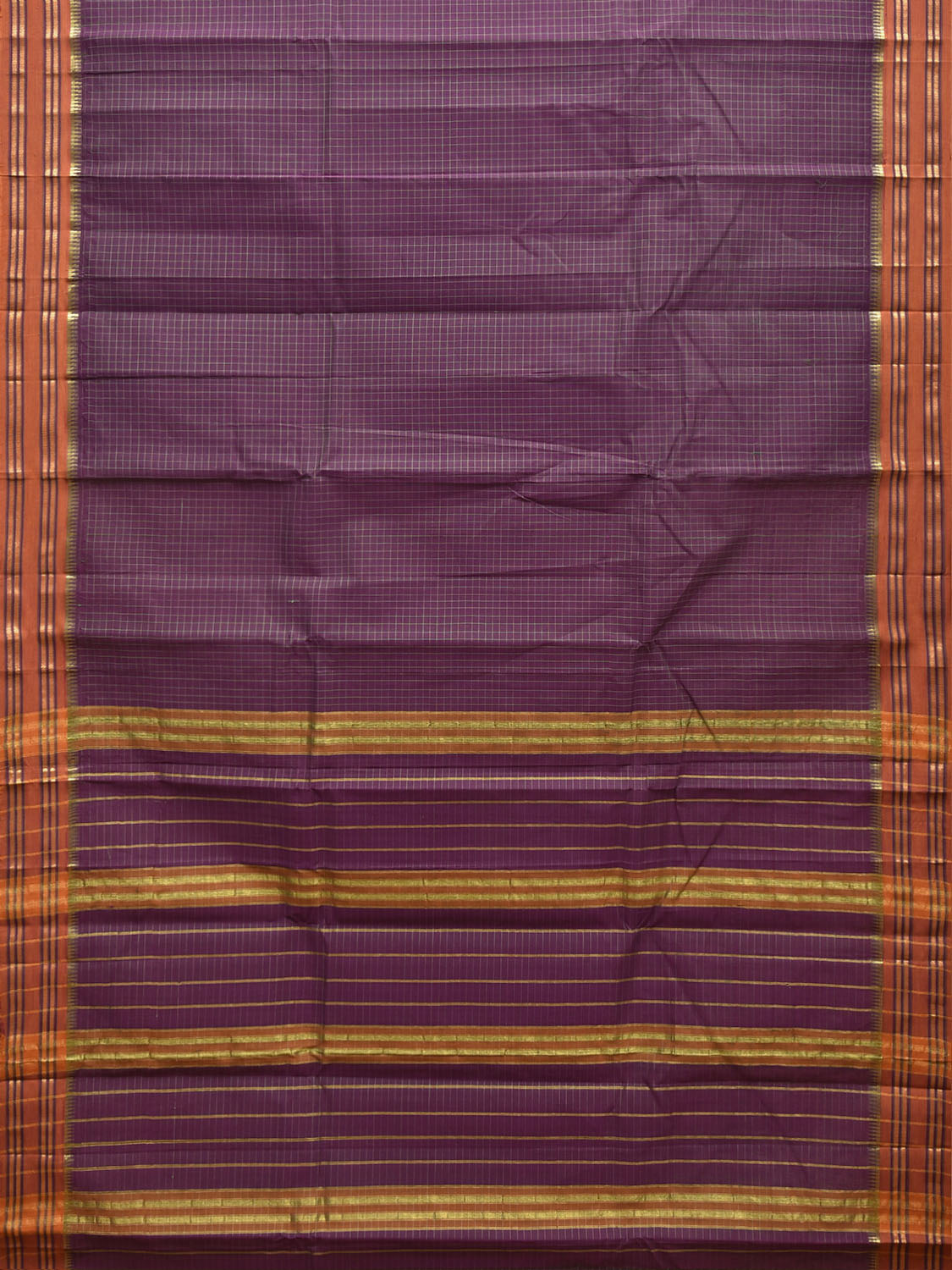 Purple and Orange Narayanpet Cotton Saree with Checks Design No Blouse np1535