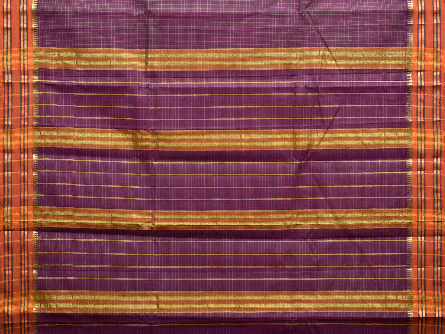 Purple and Orange Narayanpet Cotton Saree with Checks Design No Blouse np1535