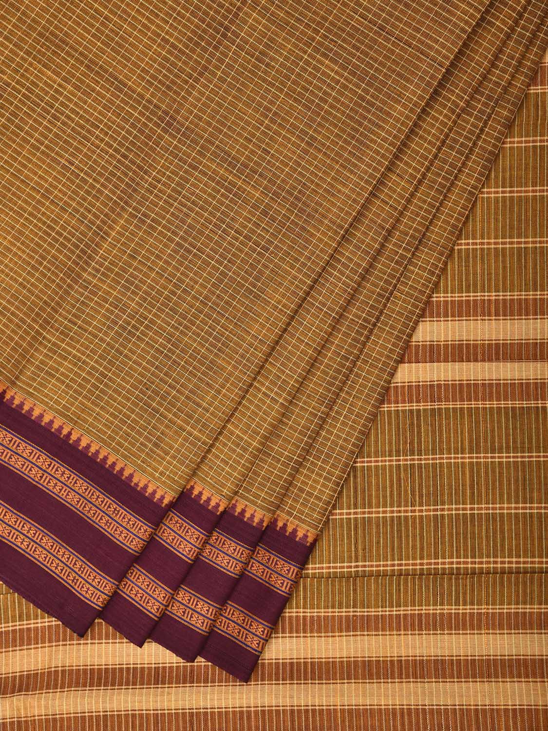 Mustard and Olive Narayanpet Cotton Saree with Checks Design No Blouse np1536