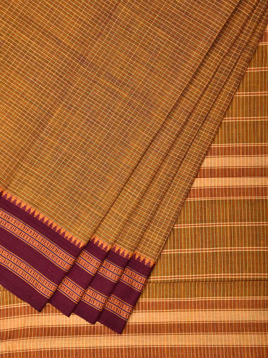 Mustard and Olive Narayanpet Cotton Saree with Checks Design No Blouse np1536