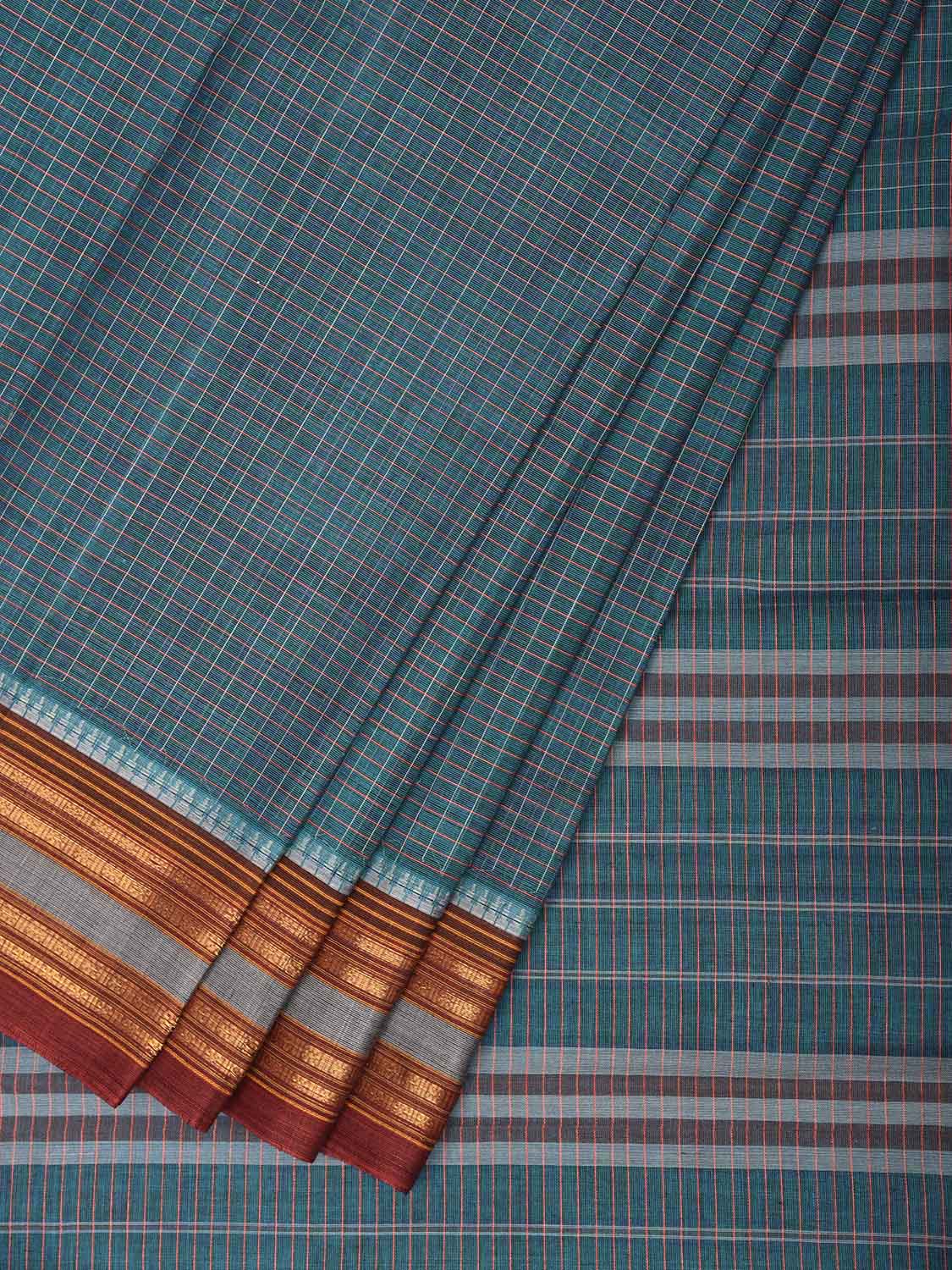 Teal and Dark Red Narayanpet Cotton Saree with Checks Design No Blouse np1537