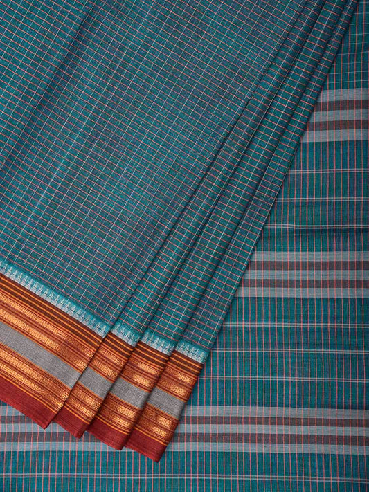 Teal and Dark Red Narayanpet Cotton Saree with Checks Design No Blouse np1537