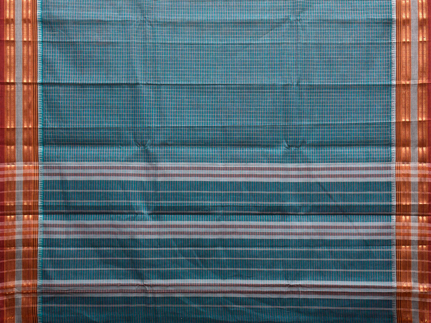 Teal and Dark Red Narayanpet Cotton Saree with Checks Design No Blouse np1537