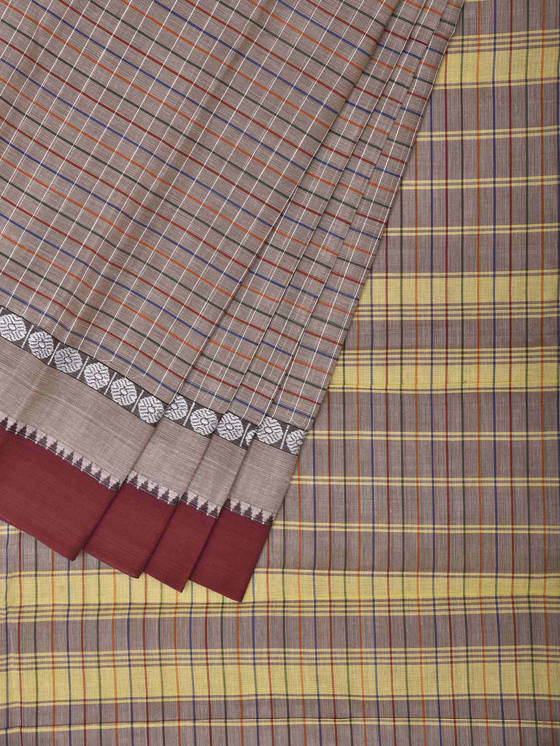 Light Grey and Maroon Narayanpet Cotton Saree with Checks Design No Blouse np1538