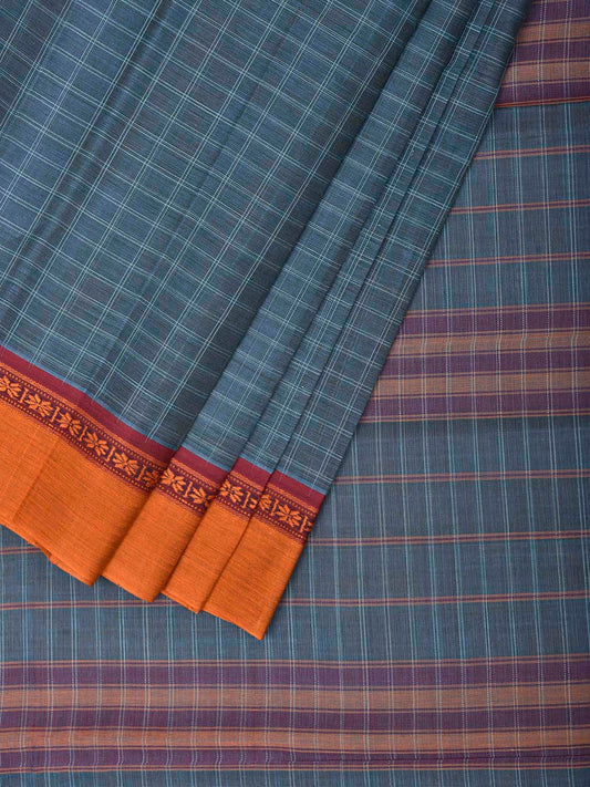Blue and Yellow Narayanpet Cotton Saree with Big Checks Design No Blouse np1539