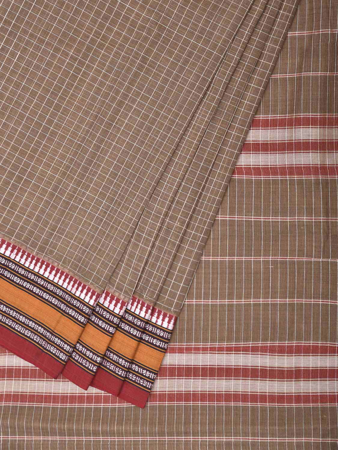 Taupe Beige and Red Narayanpet Cotton Saree with Checks Design No Blouse np1541